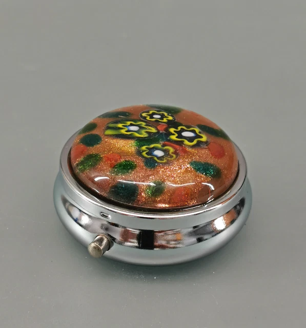 9931062 Schmuck-Pillen-Dose Metal Vidrio Colorido Millefiori Interior Espejo