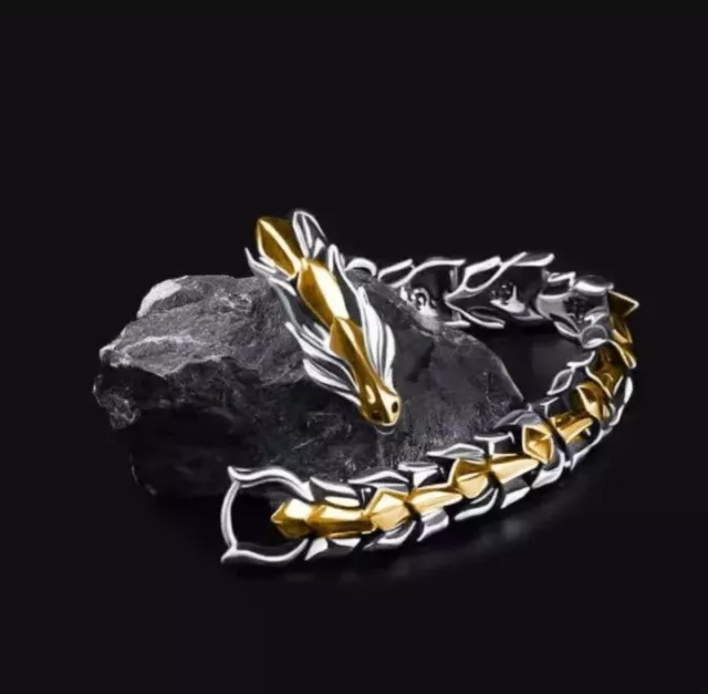 Mens Stainless Steel Ouroboros Uroboros Wolf Dragon Serpent Snake Tail Bracelet