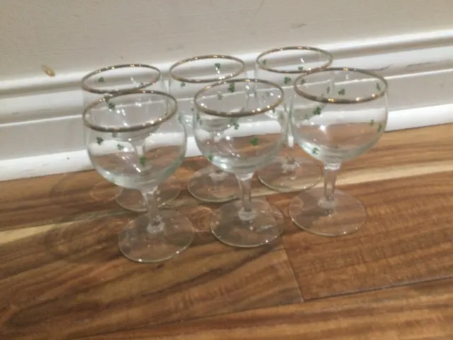 Six Vintage Stemmed  Irish Liqueur Shamrock Gold Rim Glasses Small Wine Glass