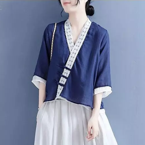 Femme Col V Haut Chemisier Coton Mélange Chinois Bouton Grenouille Été Retro