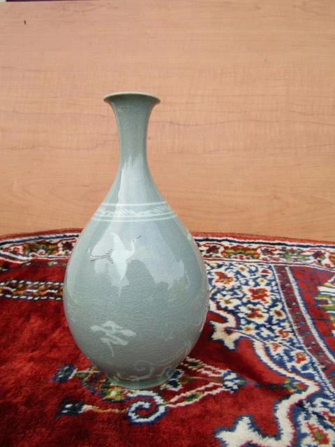 Korean Goryeo Celadon Vase with Crane and Cloud Signed 8" Tall Weight   B3