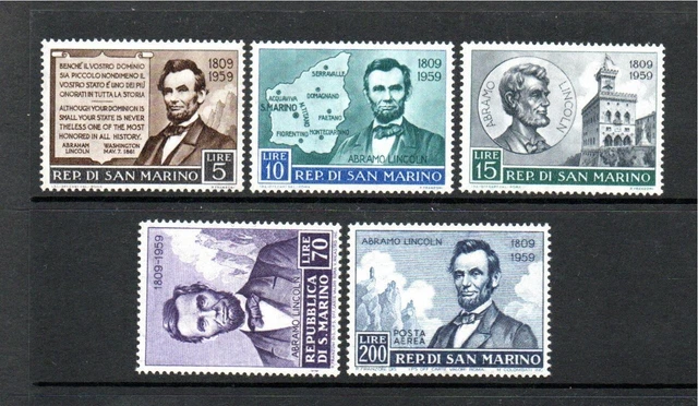 San Marino Mnh 1959 Sg577-581 Abraham Lincoln's 150Th Birth Anv