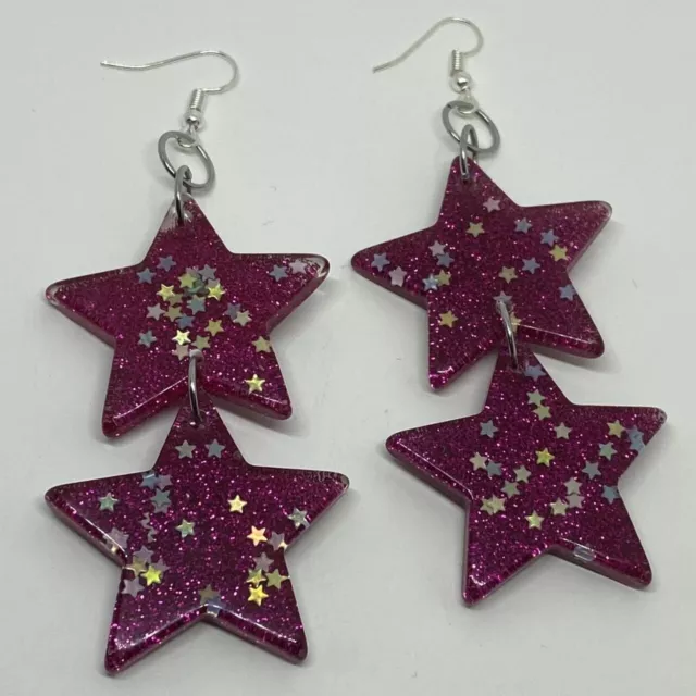 Large double Star earrings , Glitter and Resin Kitsch Fun 10 cm Long Amelia 2