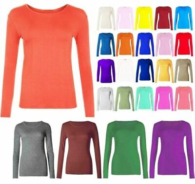 New Womens Ladies Long Sleeve Stretch Plain Round Scoop Neck T Shirt Top UK 8-26