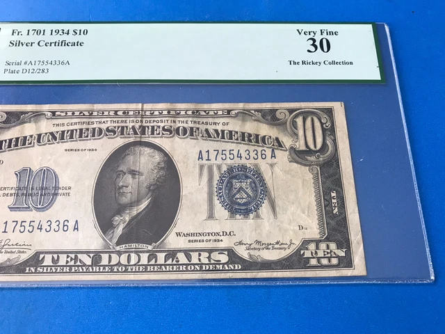 1934  Blue Seal $10 Ten Dollar Silver Certificate PCGS 30 .. Loc. #51 3