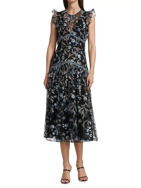 ML Monique Lhuillier Embroidered Mesh Midi Dress, Roundneck, Size 8, $695 NWT