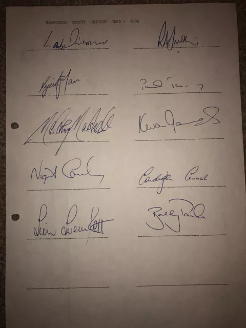 Original autographs of Hampshire County cricket club 1986