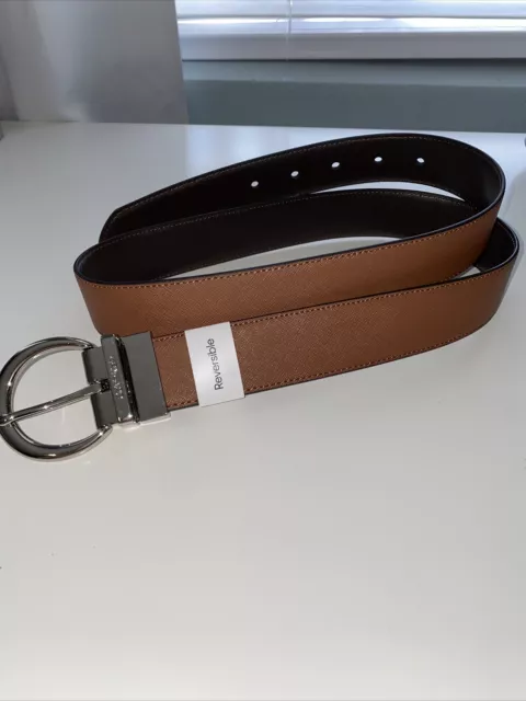 Calvin Klein Women's Reversible Leather Curved Buckle Logo Stitched Belt