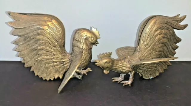 Vintage BRASS Fighting Roosters Cocks PAIR -Patina