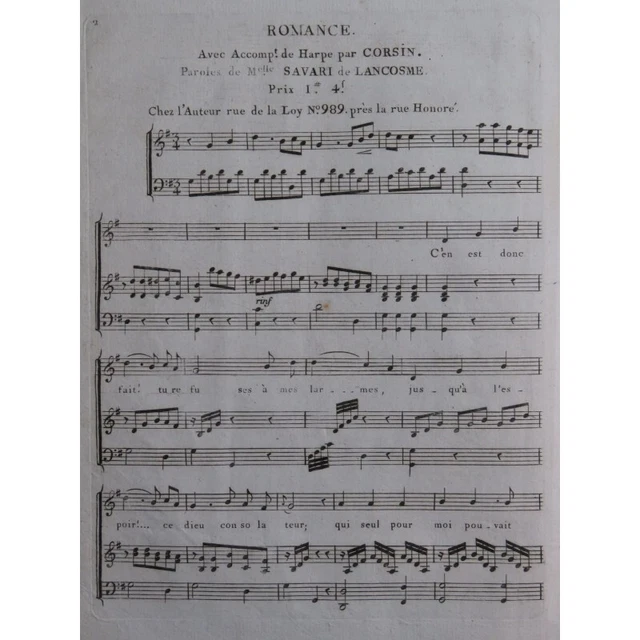 CORSIN Isidore Romance Chant Harpe ca1810