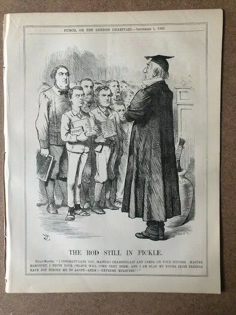 1883 Original Rare PUNCH Cartoon THE ROD STILL IN PICKLE Chamberlain Head Master