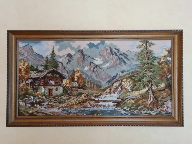 Vintage Stickbild - Berge - Gebirge - Fluss 100 x 55 cm - Gemälde mit Rahmen