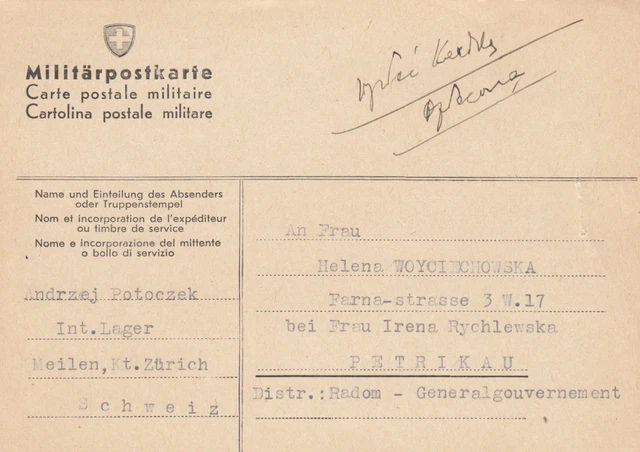 GG: CH: Militärpostkarte Interniertenlager Meilen nach Petrikau-späte Post 11.44