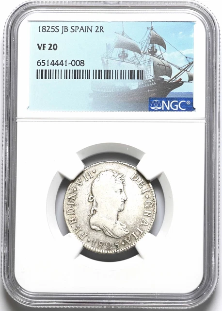 COLONIAL ERA SPAIN. Ferdinand VII, Silver 2 Reales, 1825, NGC VF20