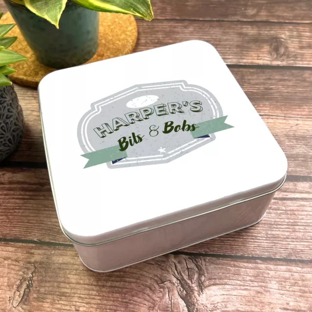 Square Vintage Odds & Ends Grey Green Bits & Bobs Personalised Storage Tin