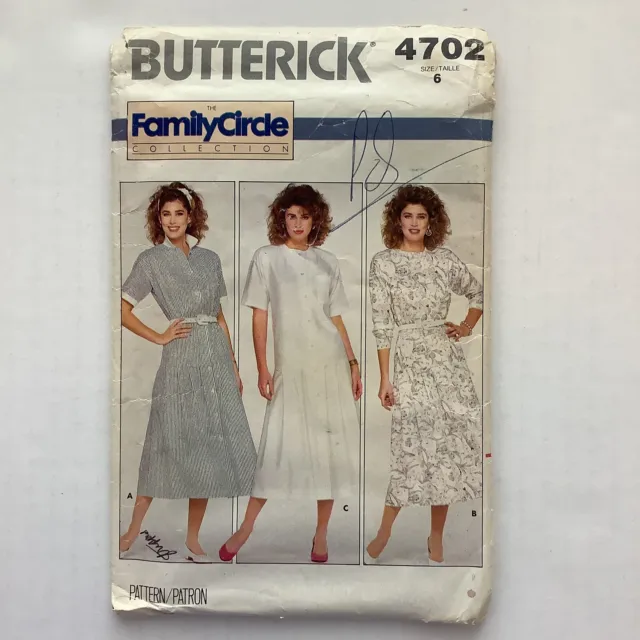 Butterick 4702 Sewing Pattern Dropped Waist Shirt Dress Misses Size 6 UNCUT