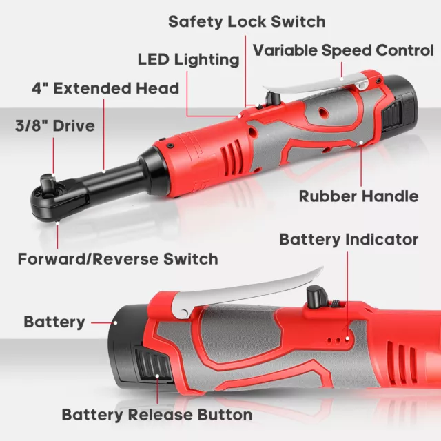 3/8in 18V Extended Cordless Ratchet Wrench 60 N.m 0~400RPM 2 Battery & 7 Sockets 3