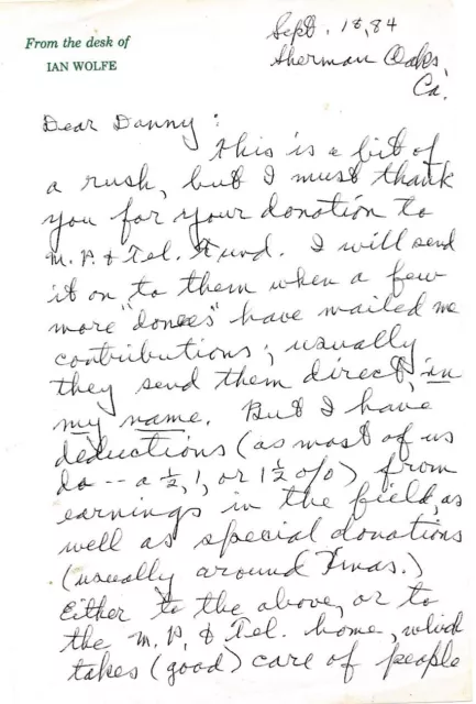 Ian Wolfe- Handwritten Signed Letter (Ent)