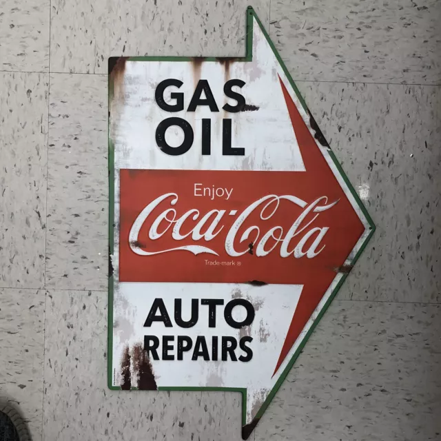 Coca Cola Gas Oil Auto Repairs Metal Sign Arrow Coke Vintage Style Button Garage