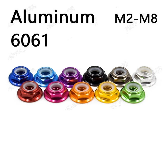 Écrous Hexagonaux à Bride Avec Insert Nylon - Aluminium 6061, Multicolore, Filetages M2 à M8