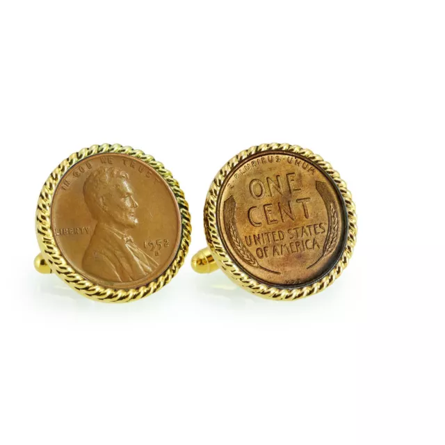 NEW Lincoln Wheat-Ear Penny Cuff Goldtone Rope Bezel Coin Cuff Links 12726