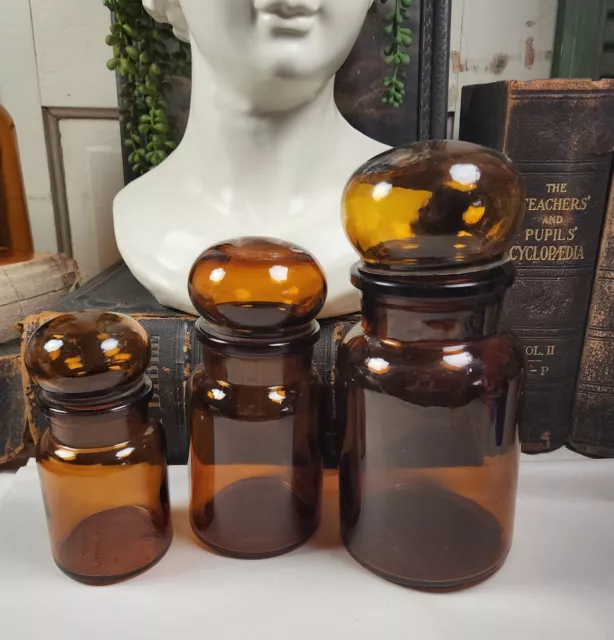 3 Vtg Bottle Amber Glass Apothecary Bubble Top Jars Canisters Dark Academia lid