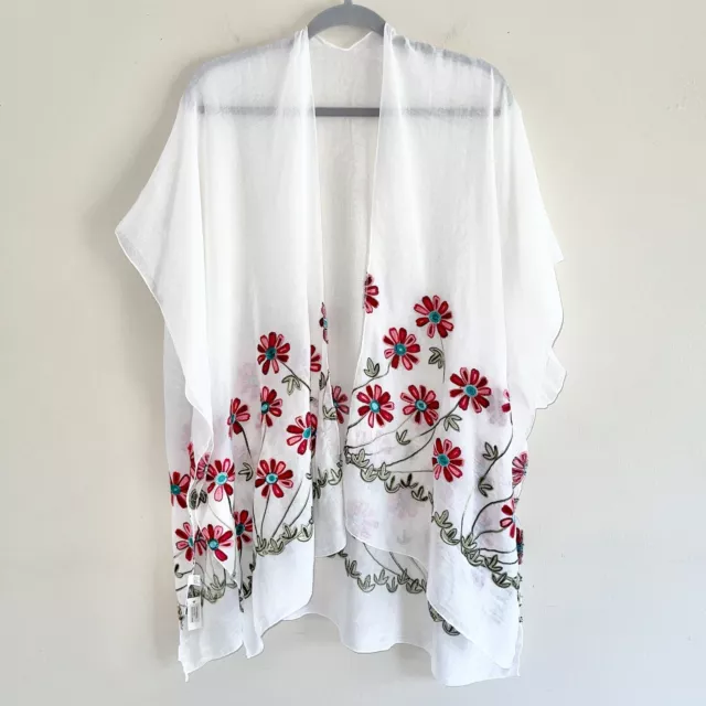 Embroidered Sheer Kimono Top Womens One Size Floral White Red Green