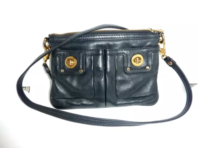 Marc By Marc Jacobs Black Leather Turn Lock Zip Closure Strap Crossbody Bag