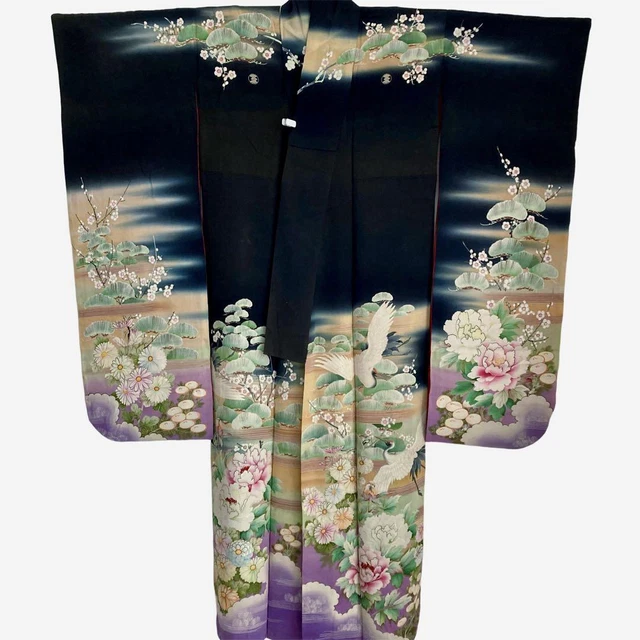 Japanese Antique Furisode Kimono Pure Silk Hand-Paint Crane Plum Peony