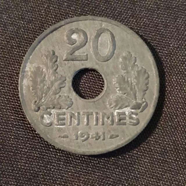 Pièce 20 centimes 1941 Type 20 Etat Français Zinc