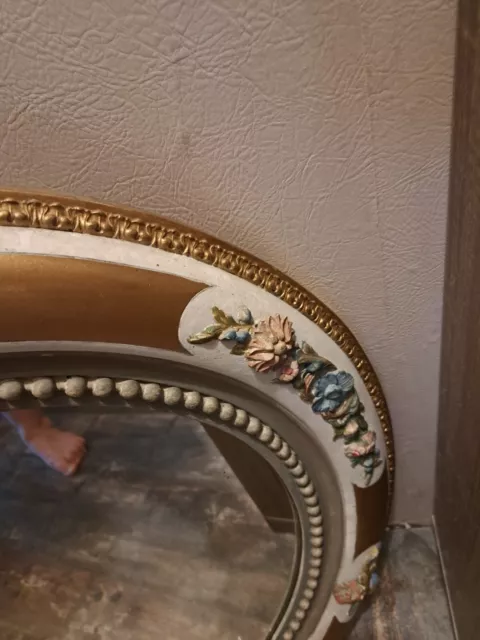 Ancien Grand Miroir Doré Ovale Motifs Fleurs 3