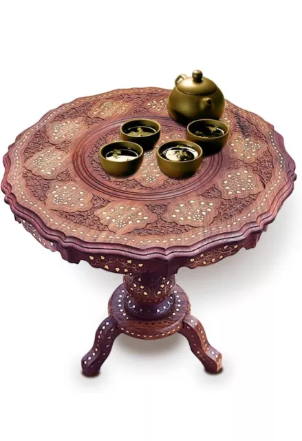 18" Wooden Round Beautiful Brass Carving Design Side Table, home, room decor