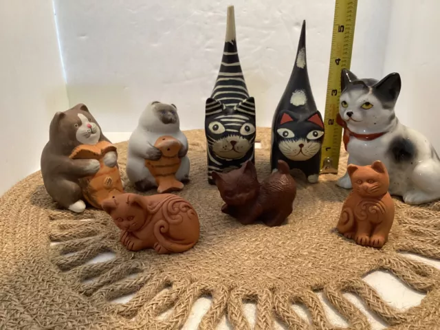 Vintage Hand Painted 5-1/2" Tall Wooden Cats, Clay, Cat Shakers, Figurine Lot (8