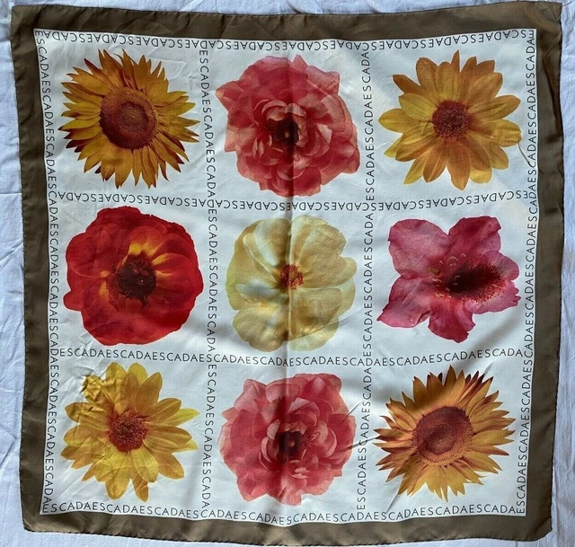 Foulard Carré ESCADA En Soie Jaune Liseré Rose - 54x54 Cm, Neuf Sans étiquette, Fabriqué En France