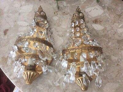 Pair Of European Crystal Brass Vintage Wall Sconce Light Fixtures