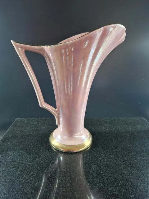 Lustreware vase wide neck vintage gold colour handle rim base 11" tall app Pink