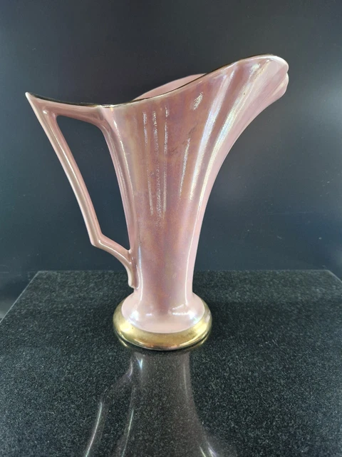 Lustreware vase wide neck vintage gold colour handle rim base 11" tall app Pink
