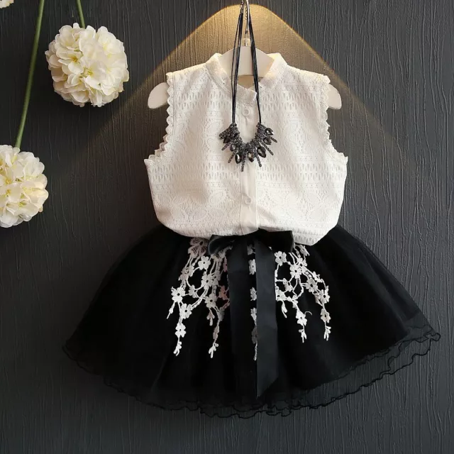 2PCS Toddler Kids Baby Girls Outfits T-shirt Tops+Skirt Summer Lace Clothes  Set