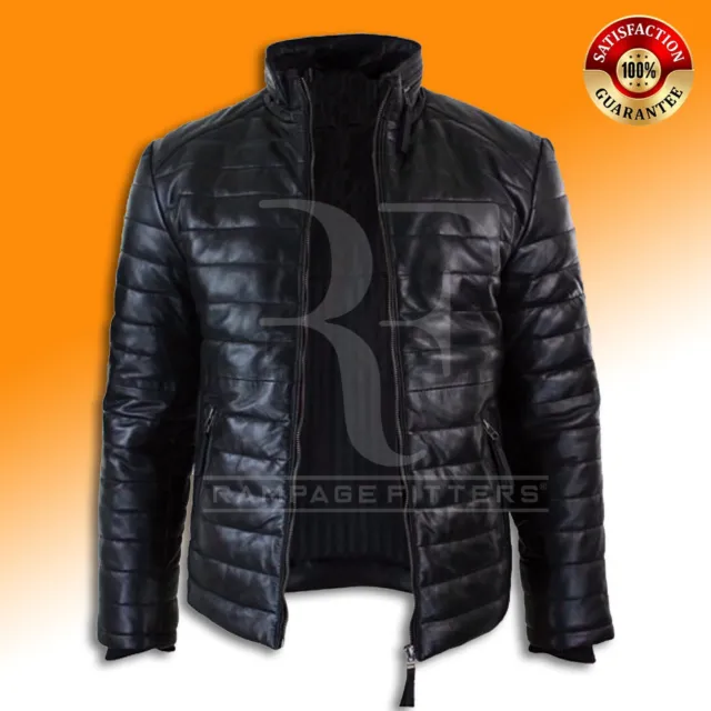 Black Leather Puffer Jacket, Men's Padded Puffy bubble Real Leather Jacket 2