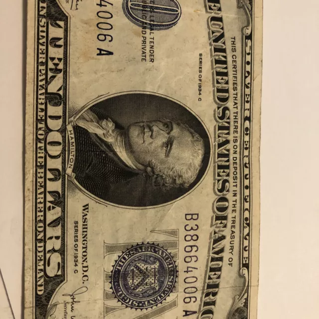 1934 C Series $10 TEN DOLLAR BLUE SEAL SILVER CERTIFICATE NOTE 4