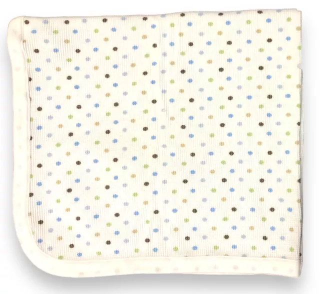 Vintage Garanimals Baby Blanket White Thermal Waffle Green Brown Blue  Dots EUC