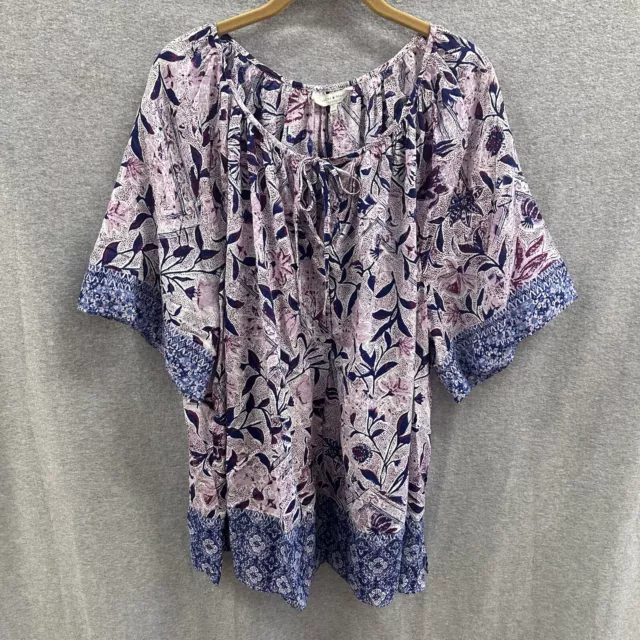 Lucky Brand Top Womens Plus Size 3X Floral 3/4 Sleeve Boarder Print Boho Peasant