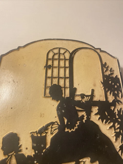 Vintage Painted Silhouette Plaster Of Paris Tile "The Elopemen"  1930' 8.5" x 5" 2