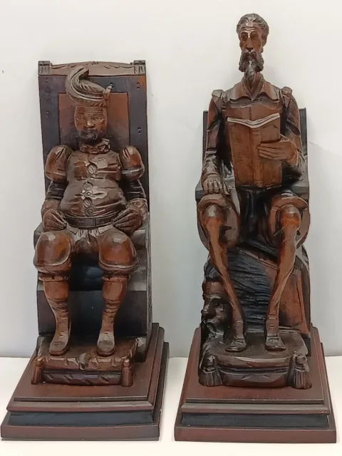 Vintage Pair Carved Wood Don Quixote Pancho Sanza Bookends Excellent Condition