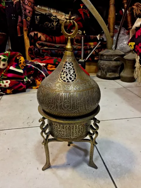 Rare Islamic Cairoware Silver Inlaid Inlay Mamluk Revival Incense Burner