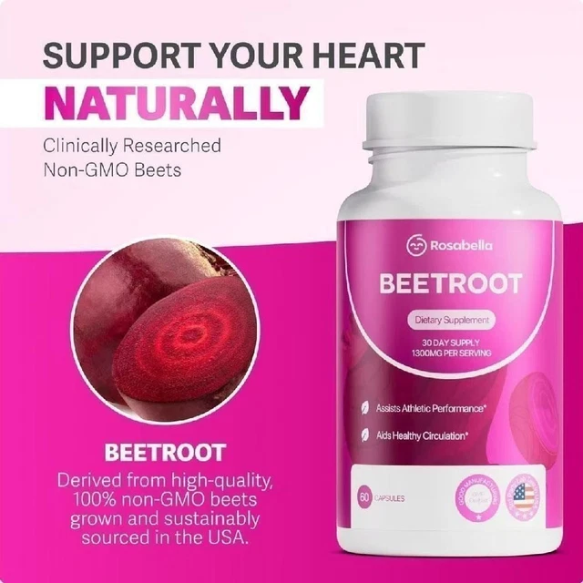 3PACK ROSABELLA ORGANIC Beet Root Powder 1300mg Capsules Supports Blood ...
