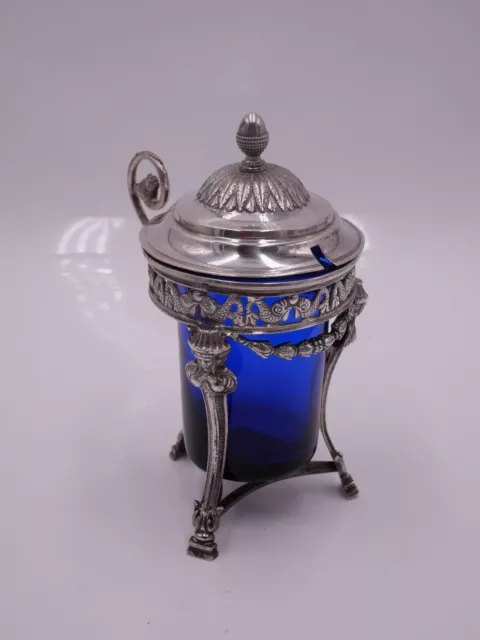 Tres Beau Moutardier En Argent Massif Et Verre Bleu Epoque 19 Eme