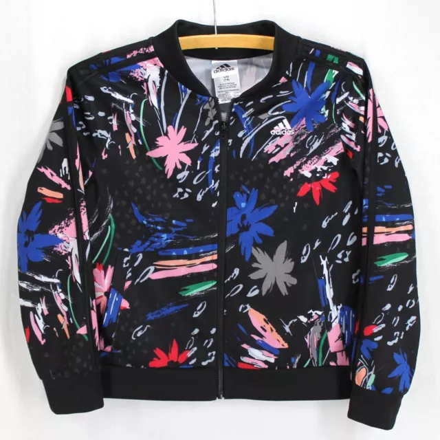 Adidas Track Jacket Girls L 14 Black Blue Pink Floral Full Zip Front Long Sleeve