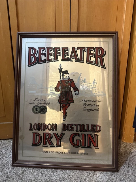 Vintage Beefeater Mirror Hanging Bar Sign London Distilled Dry Gin Wood Man Cave