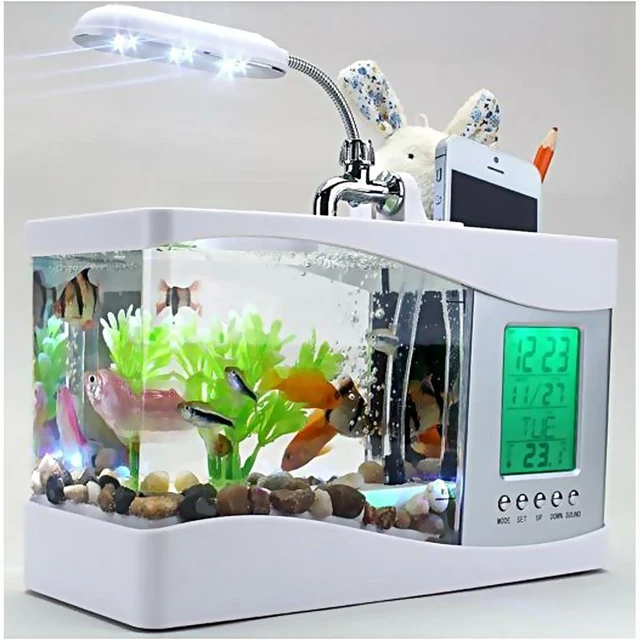 USB Desktop Aquarium Lamp Clock Pen Holder White